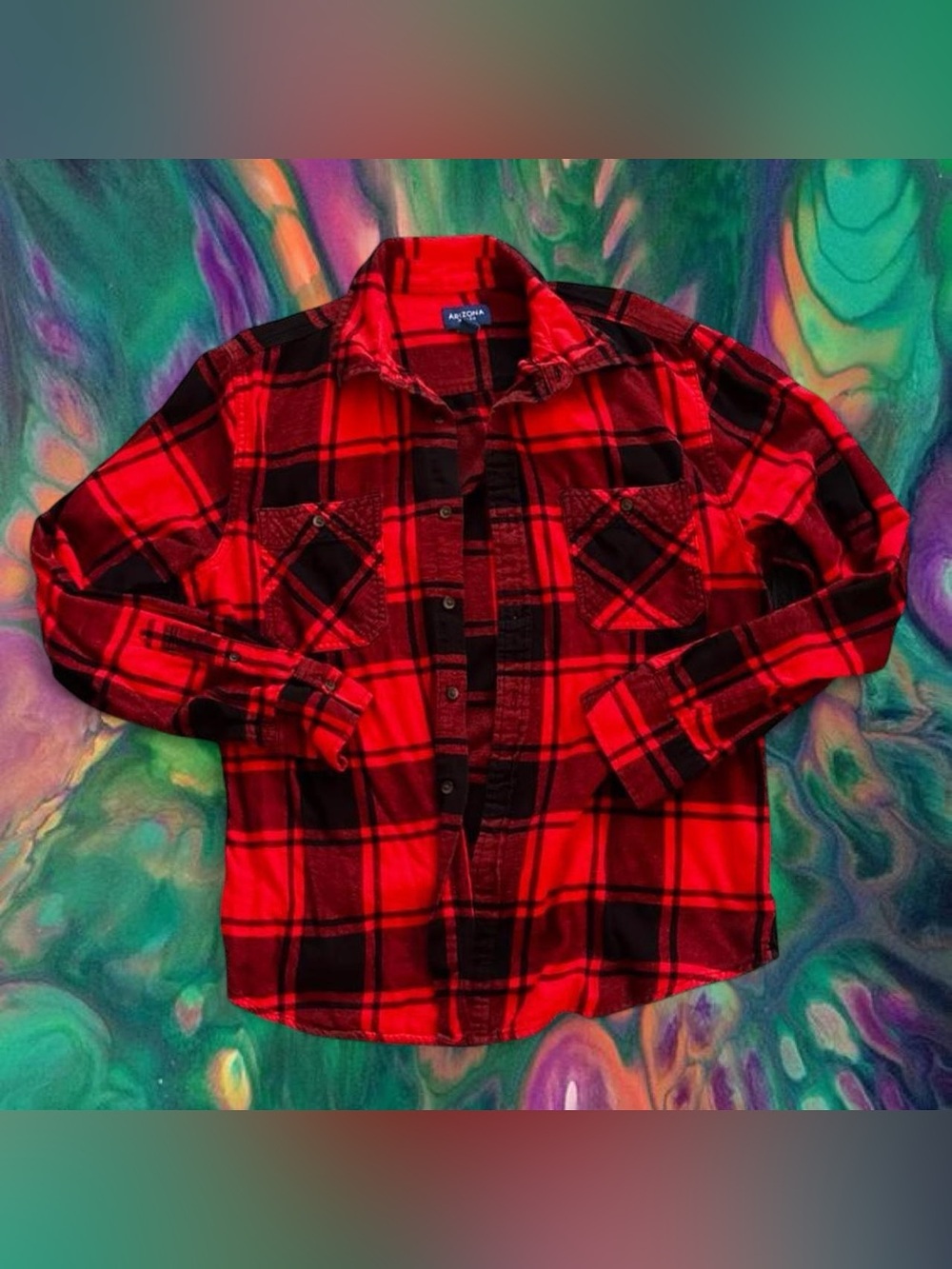 Arizona Jean Company Red and Black Plaid Button-Up Shirt